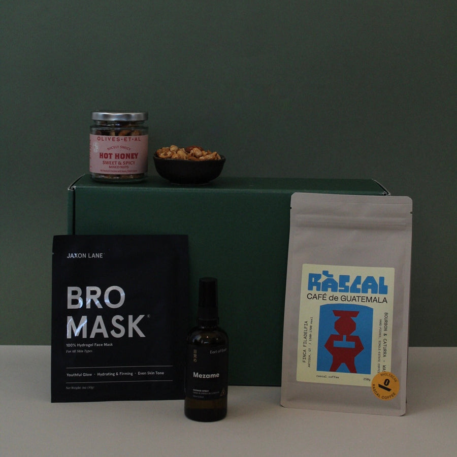 skincare, energy spray, coffee and nuts as a gift box