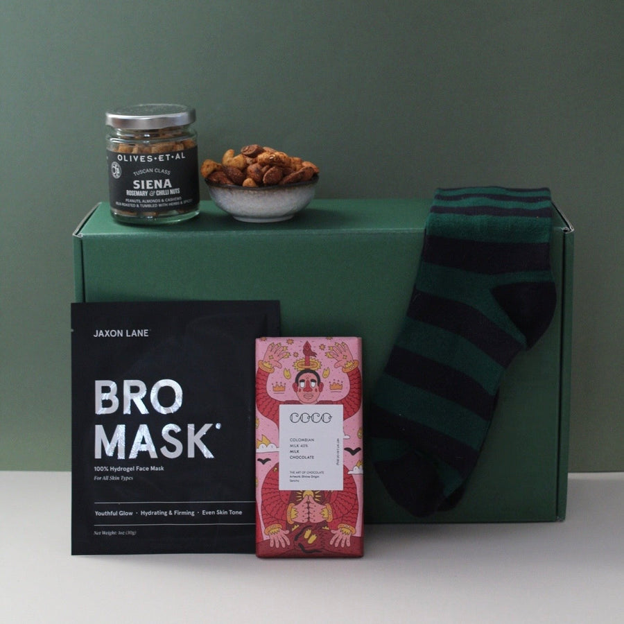 socks, chocolate, nuts and face mask gift box