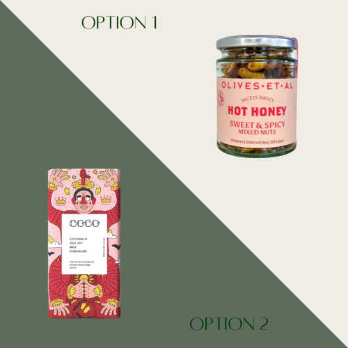 Jar of Mixed Nuts and a chocolate bar with a colourful design on a green and white background.