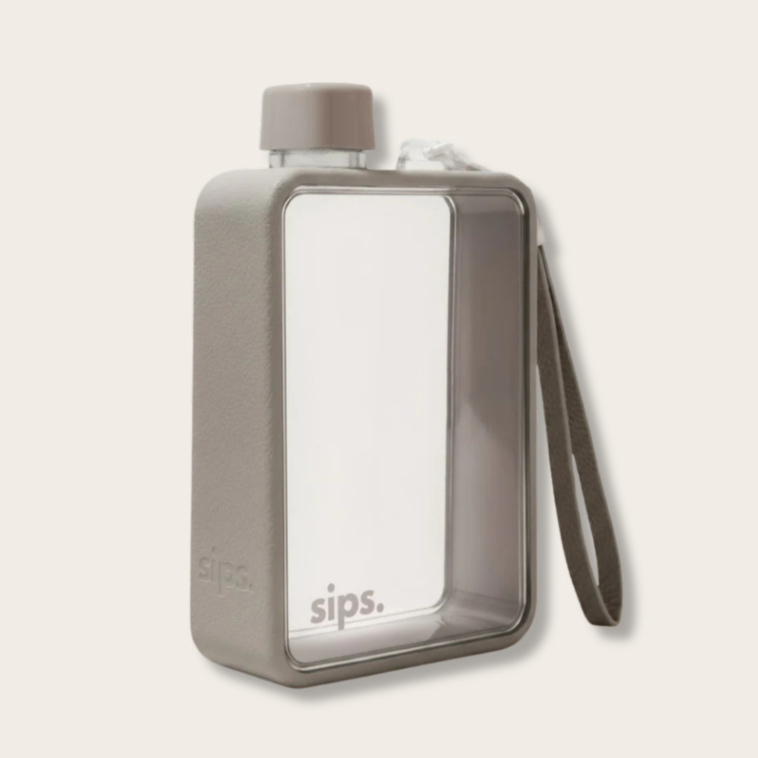 Gray water bottle with a clear lid and handle on a light gray background