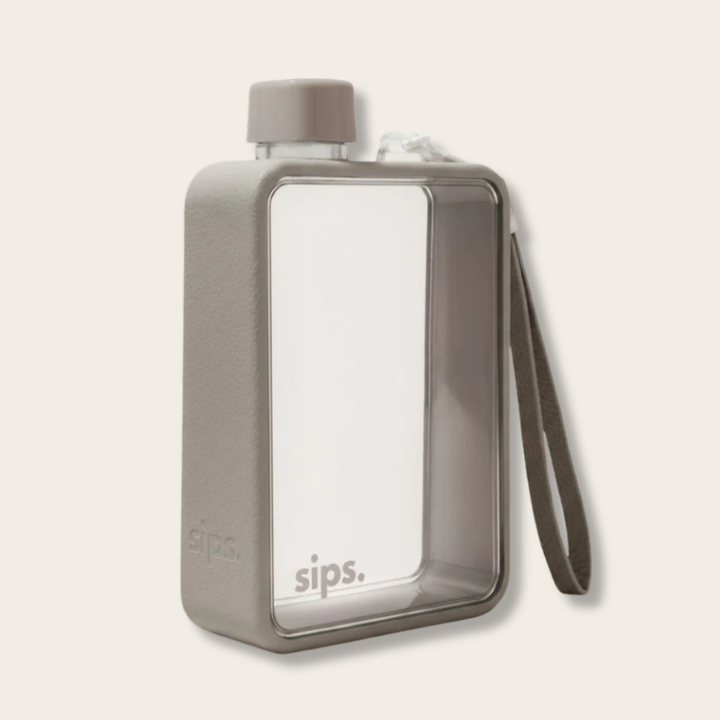 Gray water bottle with a clear lid and handle on a light gray background