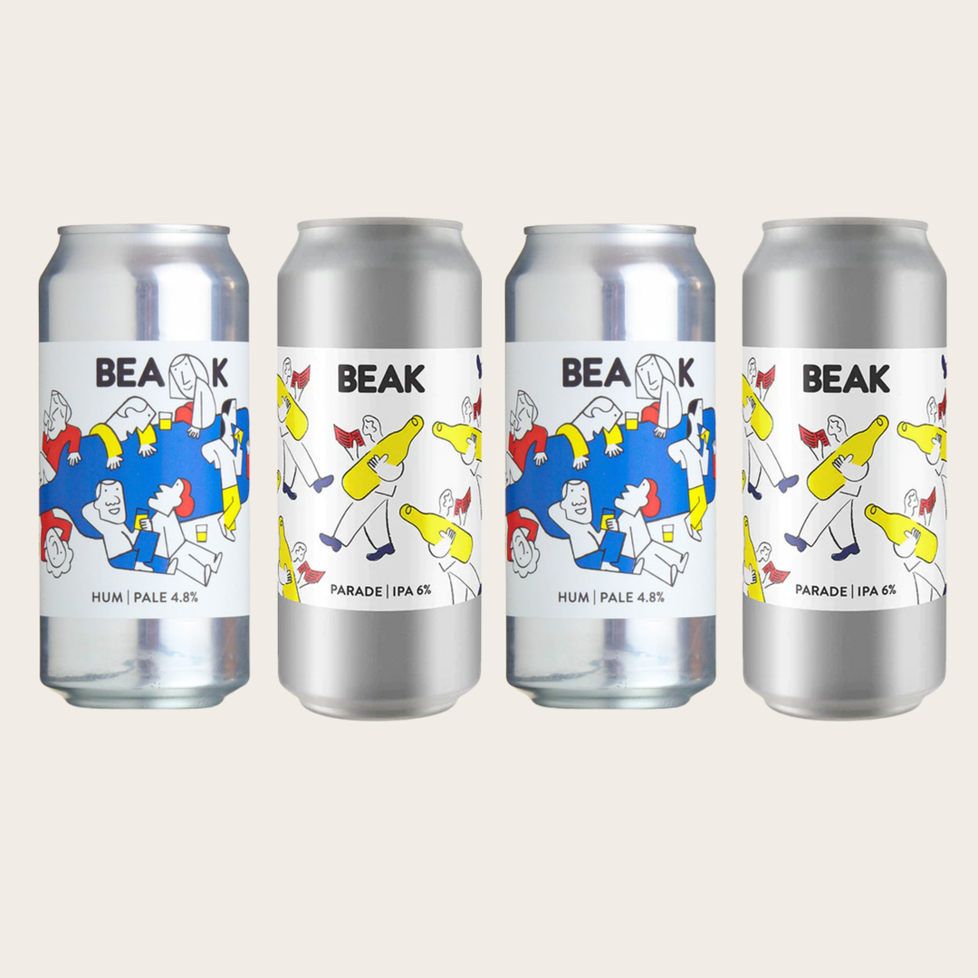 Four silver BEAK beer cans