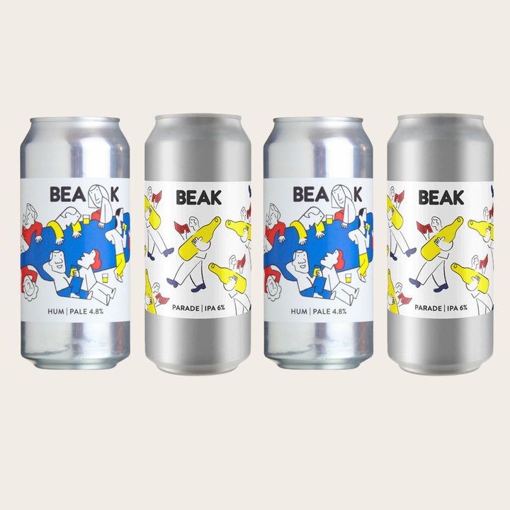 Four silver BEAK beer cans