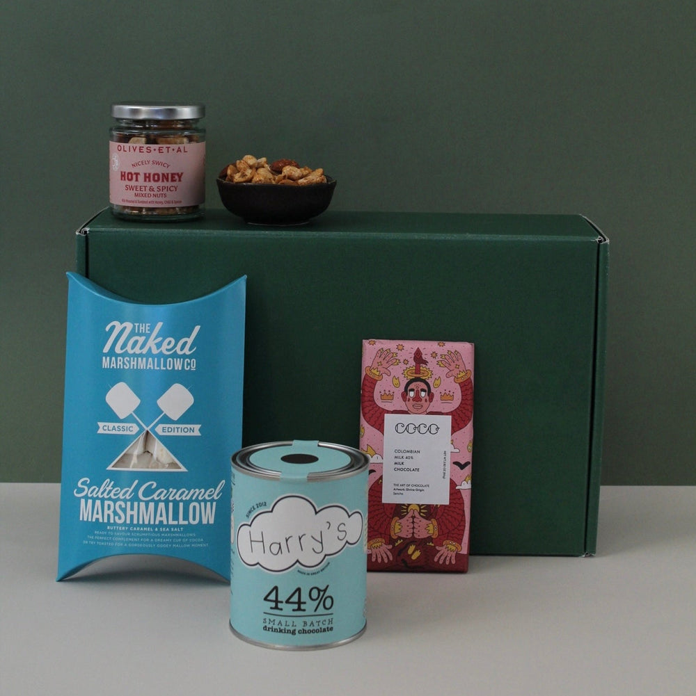Hot chocolate gift box with marshmallows, nuts and chocolate
