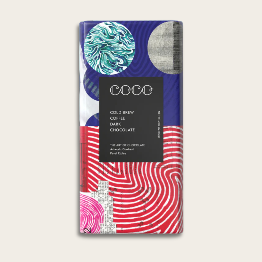 Chocolate bar with colorful packaging and 'Coco' branding 