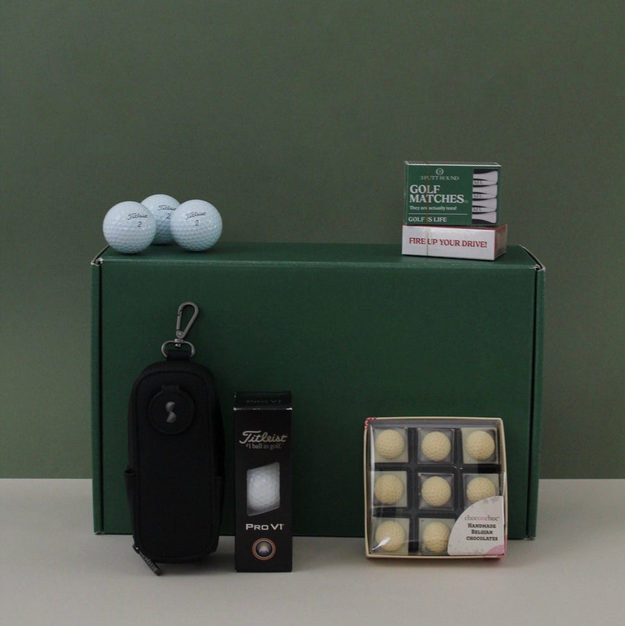 Golf gift box with golf balls, teesm golf chocolate and golf caddy 