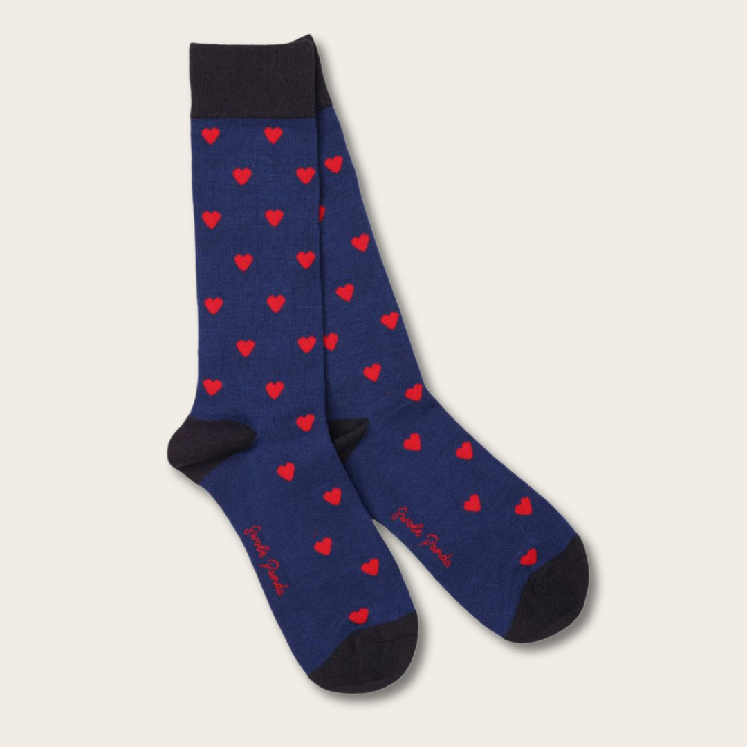 Blue socks with red heart patterns