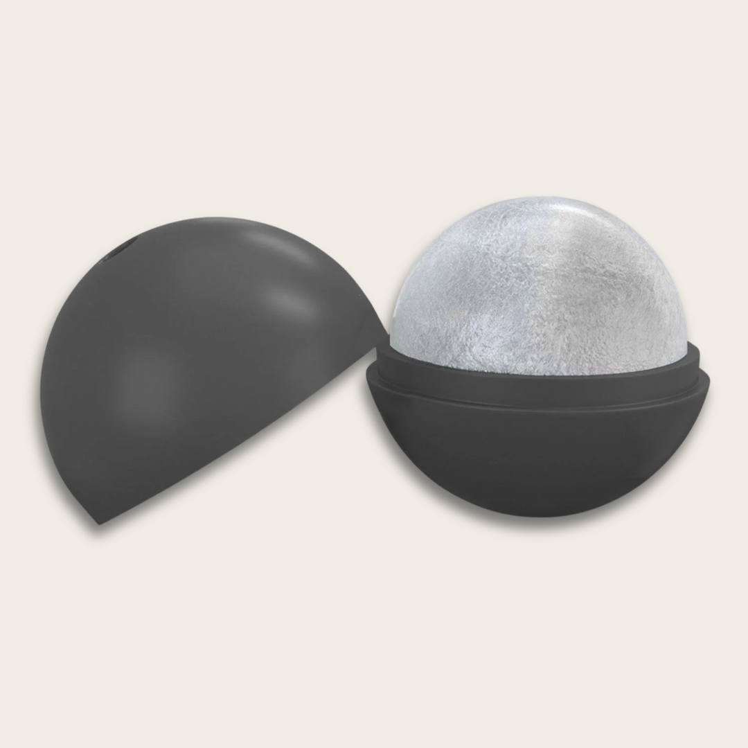Black container with a silver ice ball inside 